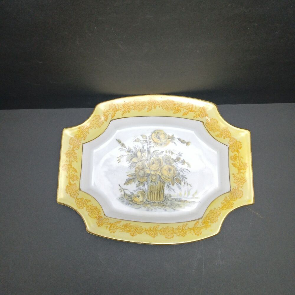 Vintage ISCO Japan Porcelain Trinket Dish Yellow Roses Gold Trim Vanity Tray